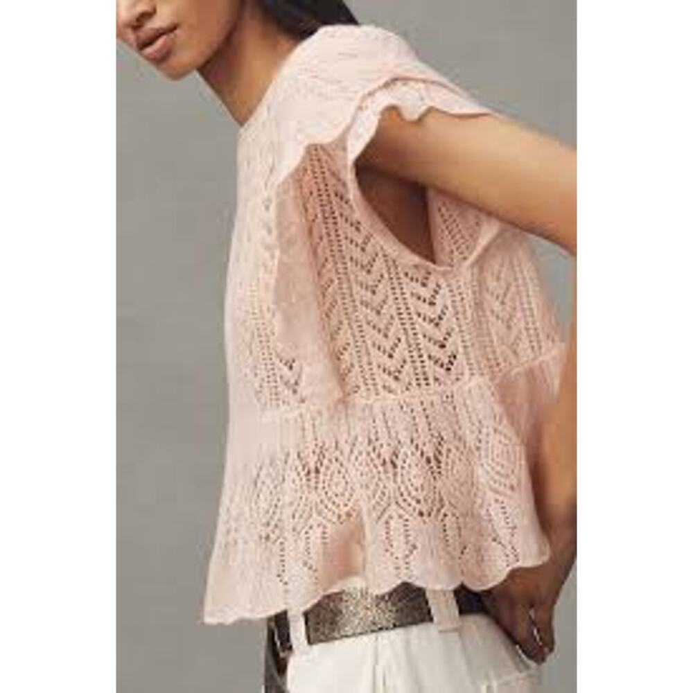 By ANTHROPOLOGIE Flutter Sleeve Pointelle Cashmere Top FEMININE PINK COZY Size M - Picture 5 of 7